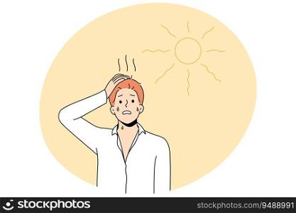 Unhealthy man standing under sun feel dehydrated and overheated in hot weather. Sick male struggle with heatstroke during summer. Health problem. Vector illustration.. Unhealthy man suffer from heatstroke