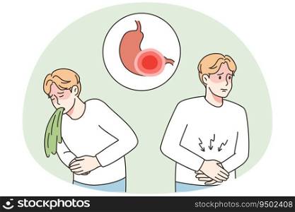 Unhealthy man suffer from stomachache vomit. Unwell male character struggle with food poisoning or indigestion. Healthcare. Vector illustration.. Unhealthy man suffer from food poisoning