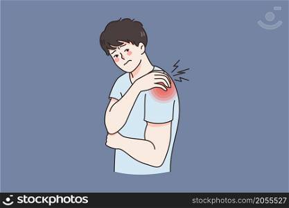Unhealthy man touch shoulder suffer from back injury or trauma. Unwell sick guy struggle with acute pain or muscular spasm strain in arm. Healthcare and medicine. Flat vector illustration. . Unwell man suffer from shoulder injury