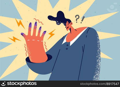 Unhealthy man with tremor in hands suffer from neurological problems. Unwell anxious guy look at shaking hand frustrated about symptoms. Vector illustration. . Unhealthy man frustrated with tremor in hands 