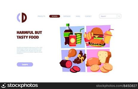 Unhealthy product landing. Junk food alcohol processed meat sugar white flour refined oil garish vector web page template. Illustration of unhealthy food nutrition. Unhealthy product landing. Junk food alcohol processed meat sugar white flour refined oil garish vector web page template