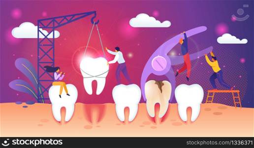 Unhealthy Tooth Removal Process. Guys Extract Dent with Caries Hole. Man Set Up Healthy Tooth in Gum with Building Crane. Tiny People Characters Work Together Concept. Cartoon Flat Vector Illustration. Unhealthy Tooth Removal Process. Tiny People Work