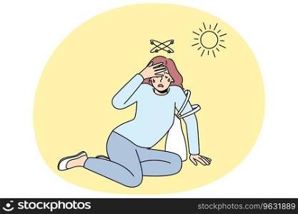 Unhealthy woman fall on ground suffer from heatstroke from hot weather outside. Female feeling bad lose consciousness struggle with heat. Overheat concept. Vector illustration.. Unhealthy woman suffer from heatstroke outside
