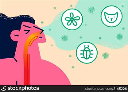 Unhealthy woman feel difficult to breathe has animal and plant seasonal allergy. Unwell sick female allergic to flowers and fur. Healthcare and medication concept. Flat vector illustration. . Unwell woman suffer from allergy feel hard to breathe