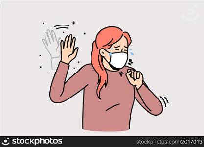 Unhealthy woman in facemask cough suffer from seasonal allergy symptoms. Unwell sick girl in facial mask struggle with covid-19, have fever and cold. Corona virus pandemics. Vector illustration. . Unhealthy woman in facemask cough and sneeze