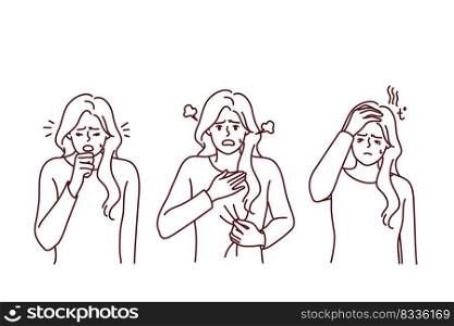 Unhealthy woman suffer from covid-19 symptoms. Unwell girl struggle from coronavirus have cough and shortness of breath. Vector illustration. . Unhealthy woman suffer from covid symptoms 