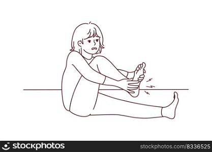Unhealthy woman suffer from cr&in leg. Unwell female struggle with pain in sole. Healthcare and medicine. Vector illustration.. Woman suffer from leg cr&