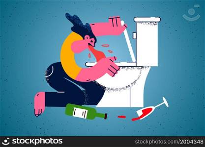 Unhealthy woman suffer from hangover vomit into toilet. Unwell girl struggle with alcohol intoxication throw up in bathroom. Health problem. Poisoning concept. Flat vector illustration. . Unhealthy woman suffer from hangover vomit into toilet