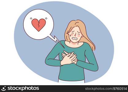 Unhealthy woman suffer from pain in heart. Unwell female struggle with heart attack. Healthcare and medicine. Vector illustration.. Unhealthy woman suffer from heart attack