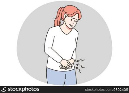 Unhealthy woman suffer from periods pain during pms. Unwell female struggle from stomachache. Healthcare concept. Vector illustration.. Unhealthy woman suffer from periods pain during pms