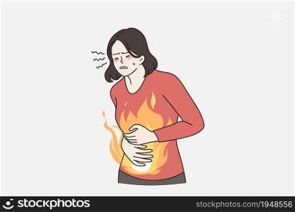 Unhealthy woman suffer from stomach ache or gastritis. Unwell female touch belly struggle with abdominal pain. Diarrhea or constipation. Gastric disease or bloating. Flat vector illustration.. Unhealthy woman suffer from acute abdominal pain