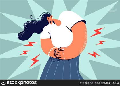 Unhealthy woman touch belly suffer from painful periods. Unwell female struggle with pain or ache during pms. Acute stomachache symptom. Vector illustration. . Unhealthy woman suffer from acute stomachache 