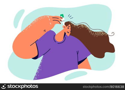 Unhealthy woman uses ears drops after being infected with dangerous infection affecting hearing. Sick girl who hears ringing in ears due to illness uses healing drops recommended by family doctor . Unhealthy woman uses ears drops after being infected with dangerous infection affecting hearing