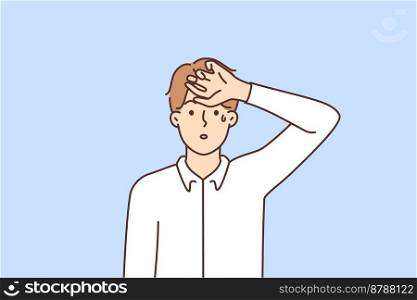 Unhealthy young man suffer from heatstroke. Unwell guy sweating struggle with hot weather or heat. Vector illustration. . Unhealthy man suffer from heatstroke 