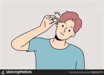 Unhealthy young man use eardrops suffer from infection. Unwell sick guy get medication for inflamed ear. Healthcare and medicine. Vector illustration. . Unhealthy man using eardrops 