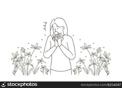 Unhealthy young woman standing in field sneezing suffering from seasonal allergy. Unwell sick girl struggle with allergic reaction during summer season. Vector illustration. . Unhealthy woman sneeze suffer from allergy