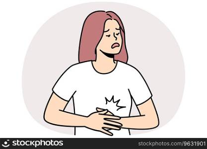 Unhealthy young woman suffer from acute stomachache. Unwell female struggle with belly pain or spasm. Healthcare. Vector illustration.. Unwell woman suffer from stomachache