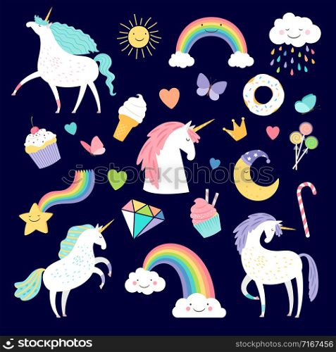 Unicorn and girlish elements rainbow, brilliant and cake. Vector unicorn and cake, sweet and horn illustration. Unicorn and girlish elements rainbow, brilliant and cake