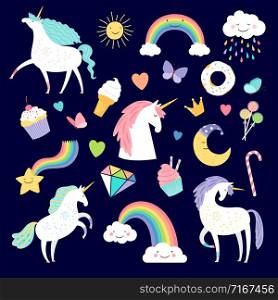 Unicorn and girlish elements rainbow, brilliant and cake. Vector unicorn and cake, sweet and horn illustration. Unicorn and girlish elements rainbow, brilliant and cake