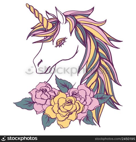Unicorn and roses illustration hand drawn vector isolated.. Unicorn and roses illustration hand drawn vector