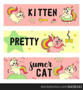 Unicorn cat banners set. Funny cartoon summer baby kitten with rainbow horn and tail vector illustrations with text. Fairytale, magic animal, imaginary concept for flyers and brochures design