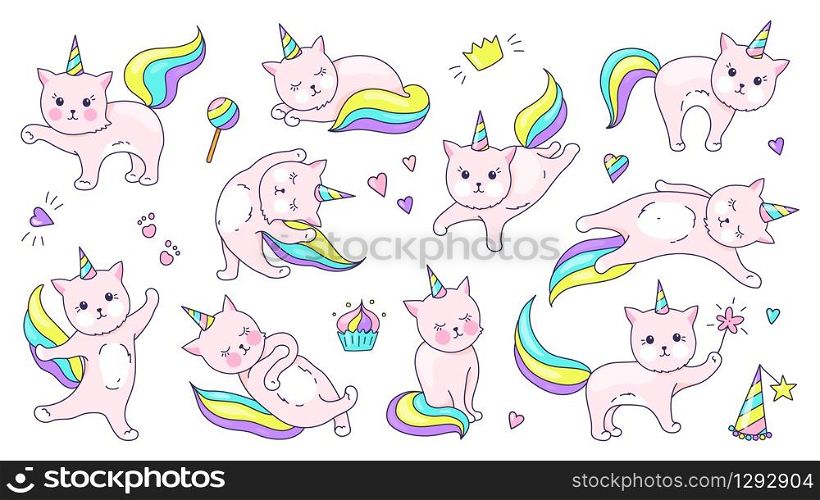 Unicorn cat. Cute doodle animal with kawaii face, hand drawn kitty character set for children illustration in pastel colors. Vector funny cuteness cats posing set for magic stickers. Unicorn cat. Cute doodle animal with kawaii face, hand drawn kitty character set for children illustration in pastel colors. Vector funny cats set