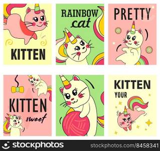 Unicorn cat flyers set. Funny cartoon∑mer baby kitten with rainbow horn and tail vector illustrations with text. Fairyta≤, magic animal, imaginary concept for posters and brochures design