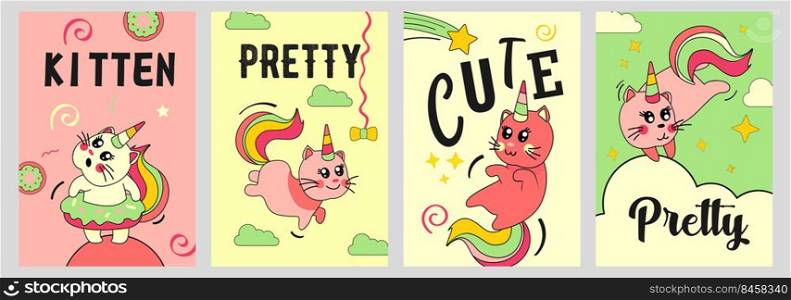 Unicorn cat posters set. Funny cartoon baby kitten with rainbow horn and tail on clouds vector illustrations with text. Fairytale, magic animal, imaginary concept for flyers and brochures design