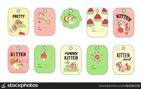Unicorn cat tags set. Funny cartoon summer baby kitten with rainbow horn and tail vector illustrations with text. Fairytale, magic animal, imaginary concept for retail flyers and labels design