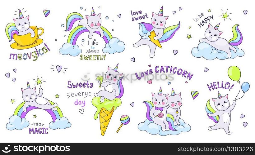 Unicorn cats. Cute doodle characters with kawaii faces and quotes, children hand drawn stickers of funny kittens on clouds and rainbows. Vector set illustration magic dream cat. Unicorn cats. Cute doodle characters with kawaii faces and quotes, children hand drawn stickers of funny kittens on clouds and rainbows. Vector set