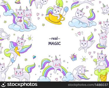 Unicorn cats stickers. Border of funny animal characters, doodle kittens on rainbows and clouds with kawaii faces. Vector hand drawn cartoon character kittens set. Unicorn cats stickers. Border of funny animal characters, doodle kittens on rainbows and clouds with kawaii faces. Vector hand drawn set