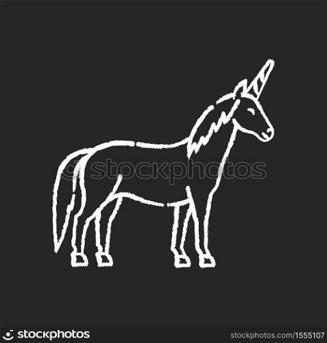 Unicorn chalk white icon on black background. Mythical creature, fairy tale animal mascot. Childish fantasy animal, kids fable. Magical horse with horn isolated vector chalkboard illustration. Unicorn chalk white icon on black background