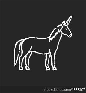 Unicorn chalk white icon on black background. Mythical creature, fairy tale animal mascot. Childish fantasy animal, kids fable. Magical horse with horn isolated vector chalkboard illustration. Unicorn chalk white icon on black background