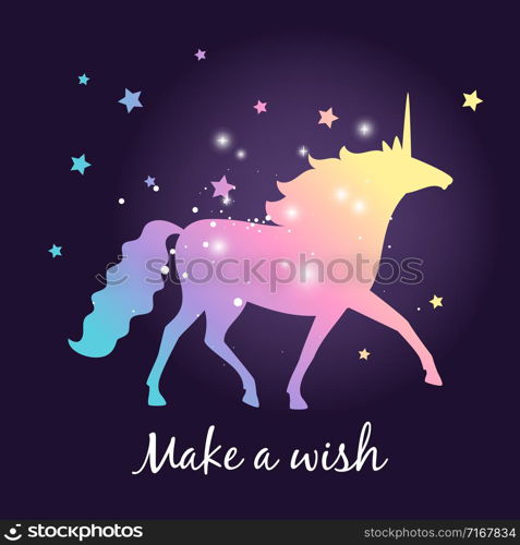 Unicorn colorful silhouette with stars on dark background, vector poster with lettering make a wish.. Unicorn silhouette with stars poster