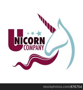 Unicorn company logo with white mythical horse with horn silhouette. Business promo icon with sign and fantastic animal head. Organization emblem template isolated cartoon vector illustration.. Unicorn company logo with white mythical horse