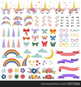 Unicorn constructor. Pony mane styling bundle, unicorns horn and party star glasses. Flowers, magic rainbow and head bows for fairy pony face hairstyle creating cartoon isolated vector icons set. Unicorn constructor. Pony mane styling bundle, unicorns horn and party star glasses. Flowers, magic rainbow and head bows vector set