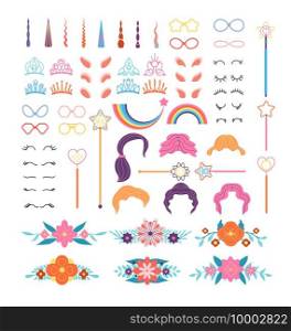 Unicorn constructor. Stylish pony details. Horns, mane and eyelashes, ears and crowns, glasses. Flowers and magic wand cartoon vector set. Magic horn pony mane, flower and unicorn illustration. Unicorn constructor. Stylish pony details. Horns, mane and eyelashes, ears and crowns, glasses. Flowers and magic wand cartoon vector set