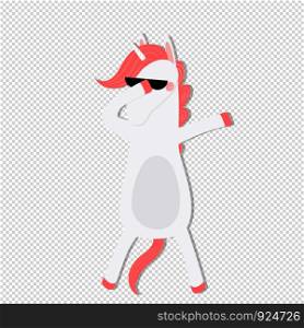 Unicorn dab isolated on white background, cute animal with pink mane dance in sunglasses. Funny horse disco dancing design t shirt, birthday baby shower card Cartoon vector scandinavian illustration. Unicorn dab isolated on white background, party