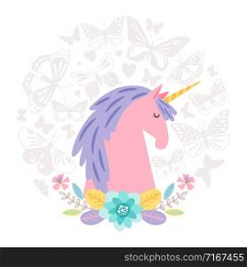 Unicorn dream flat on round background with butterfly. Vector unicorn cartoon with mane illustration. Unicorn dream flat on round background with butterfly