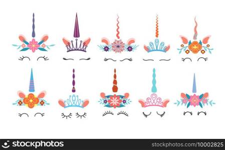 Unicorn face. Different cute funny unicorns heads with magic horn and rainbow flower wreath and eyelashes. Colorful kids vector set. Illustration unicorn magic, head magical. Unicorn face. Different cute funny unicorns heads with magic horn and rainbow flower wreath and eyelashes. Colorful kids vector set