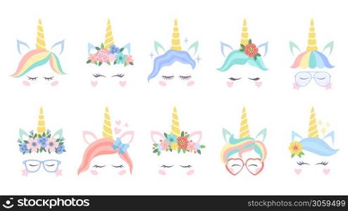 Unicorn face. Various cute pony unicorns funny heads. Magic horn in rainbow flower wreath in colorful hair and great eyelashes with glasses cartoon vector flat characters. Unicorn face. Various cute pony unicorns funny heads. Magic horn in rainbow flower wreath and great eyelashes cartoon vector characters