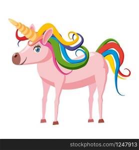 Unicorn fantastic character, myths and legends of the Middle Ages. Unicorn fantastic character, myths and legends of the Middle Ages with a multi colored mane, cartoon style, vector, illustration, isolated on a white background