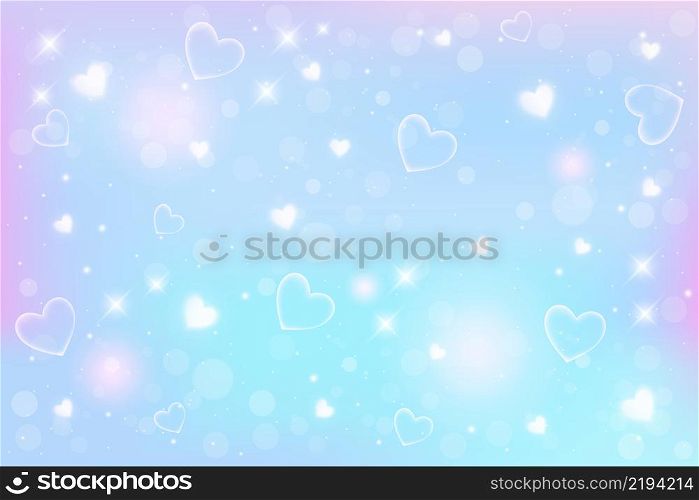 Unicorn fantasy background. Holographic illustration in pastel colors. Cute cartoon girly multicolored sky with bokeh and hearts. Vector. Unicorn fantasy background. Holographic illustration in pastel colors. Cute cartoon girly multicolored sky with bokeh and hearts. Vector.