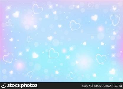 Unicorn fantasy background. Holographic illustration in pastel colors. Cute cartoon girly multicolored sky with bokeh and hearts. Vector. Unicorn fantasy background. Holographic illustration in pastel colors. Cute cartoon girly multicolored sky with bokeh and hearts. Vector.