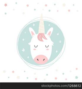 Unicorn hand drawn face. Vector character. Baby print, textile, book, baby shower template card. Unicorn hand drawn face. Vector character.