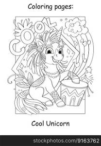 Unicorn hippie plays the drum with lettering cool. Cartoon vector illustration. Kids coloring book page with color template. For coloring, education, print, game, decor, puzzle, design. Cool unicorn on the moon coloring book vector
