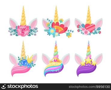 Unicorn horn, ears and flowers isolated vector design of magic horse animal heads with twisted horns, gold crowns and stars, hearts, rainbow bangs and floral wreaths. Wedding or child party invitation. Unicorn horns, ears and flowers, isolated vector