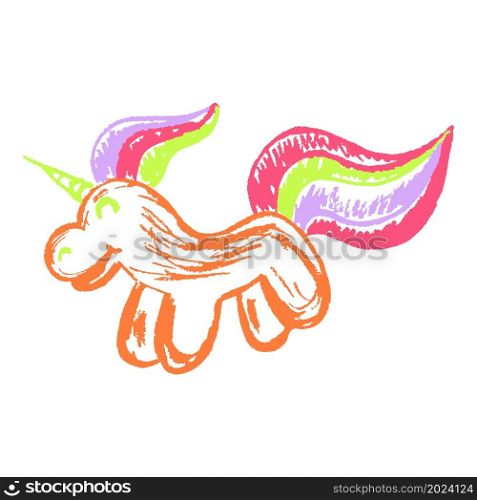 Unicorn. Icon in hand draw style. Drawing with wax crayons, colored chalk, children&rsquo;s creativity. Vector illustration. Sign, symbol, pin, sticker. Icon in hand draw style. Drawing with wax crayons, children&rsquo;s creativity