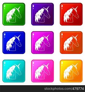 Unicorn icons of 9 color set isolated vector illustration. Unicorn icons set 9
