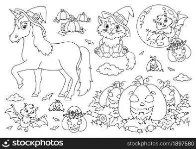 Unicorn in a hat, cat, bat, pumpkin. Halloween theme. Coloring book page for kids. Cartoon style. Vector illustration isolated on white background.